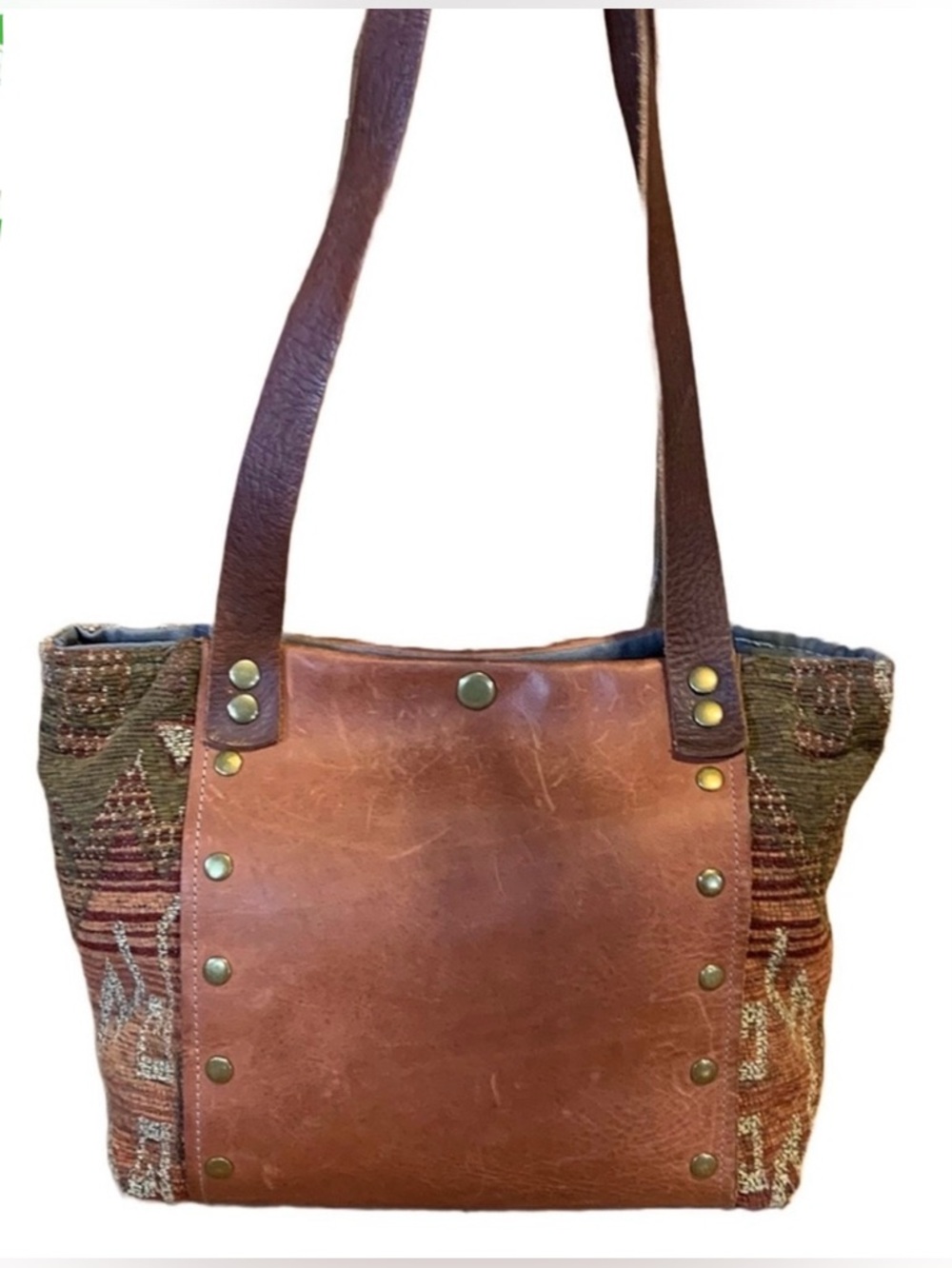 MAIA'S HANDMADE UP CYCLED BROWN LEATHER & TAPESTRY TOTE SHOULDER BAG
